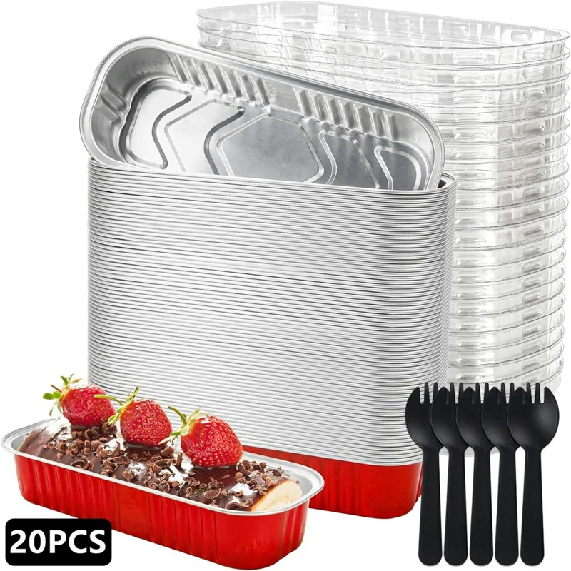 20Pcs / Set Aluminum Foil Loaf Pans with Transparent Lid and Plastic Spoon Kitchen Mini Bread Baking Pans (BPA Free, No FDA) - Red