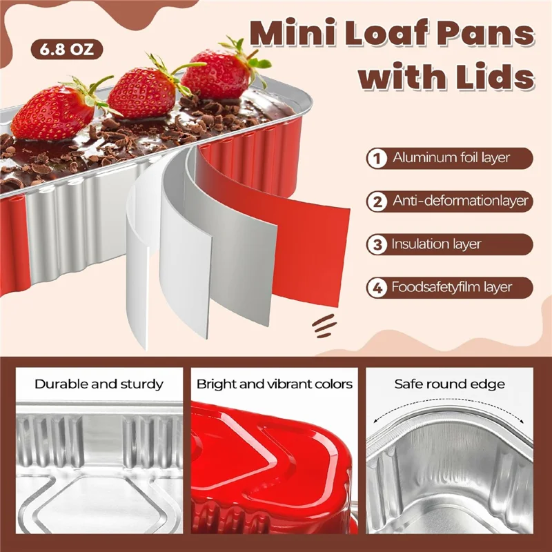 20Pcs / Set Aluminum Foil Loaf Pans with Transparent Lid and Plastic Spoon Kitchen Mini Bread Baking Pans (BPA Free, No FDA) - Red