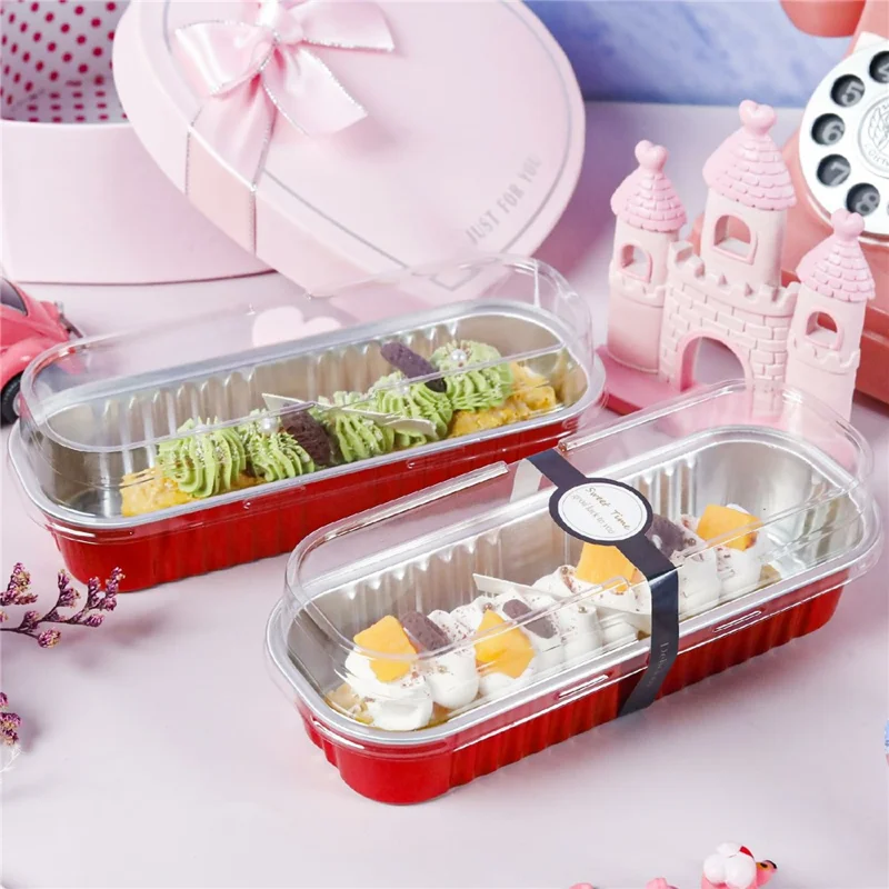 20Pcs / Set Aluminum Foil Loaf Pans with Transparent Lid and Plastic Spoon Kitchen Mini Bread Baking Pans (BPA Free, No FDA) - Red