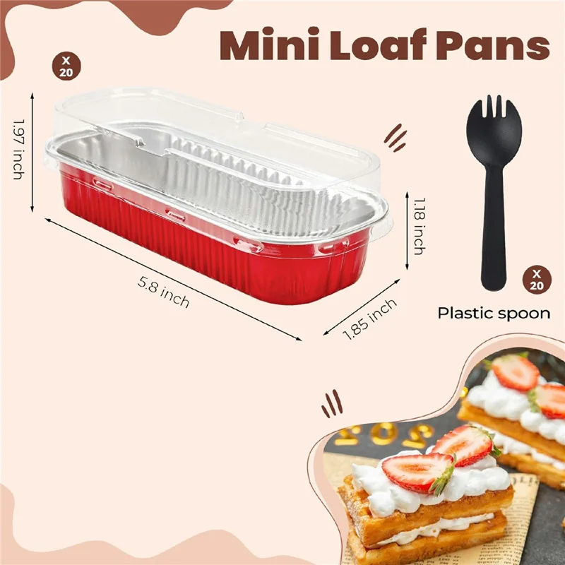 20Pcs / Set Aluminum Foil Loaf Pans with Transparent Lid and Plastic Spoon Kitchen Mini Bread Baking Pans (BPA Free, No FDA) - Red