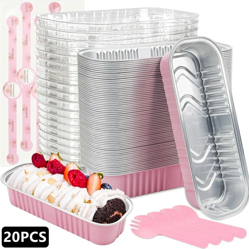 20Pcs / Set Aluminum Foil Loaf Pans with Transparent Lid Plastic Spoon and Sticker Kitchen Mini Bread Baking Pans (BPA Free, No FDA) - Pink