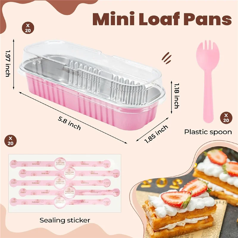 20Pcs / Set Aluminum Foil Loaf Pans with Transparent Lid Plastic Spoon and Sticker Kitchen Mini Bread Baking Pans (BPA Free, No FDA) - Pink