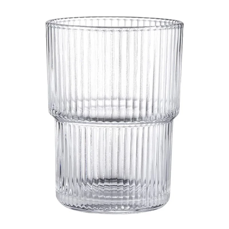 كوب زجاجي 300 مل، كوب قهوة بتصميم خطوط عمودية وأسلوب بسيط لمثلجات / عصير (بدون FDA، خالٍ من مادة BPA)