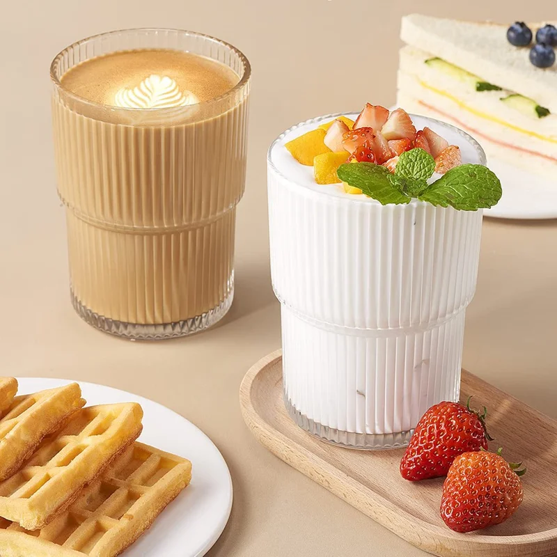 كوب زجاجي 300 مل، كوب قهوة بتصميم خطوط عمودية وأسلوب بسيط لمثلجات / عصير (بدون FDA، خالٍ من مادة BPA)