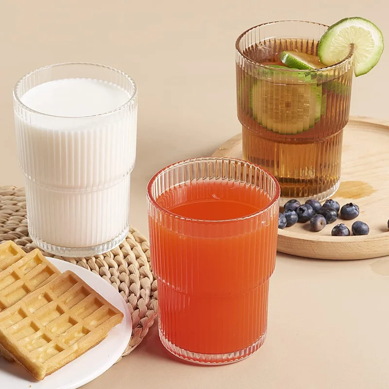 كوب زجاجي 300 مل، كوب قهوة بتصميم خطوط عمودية وأسلوب بسيط لمثلجات / عصير (بدون FDA، خالٍ من مادة BPA)