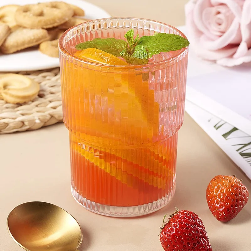 كوب زجاجي 300 مل، كوب قهوة بتصميم خطوط عمودية وأسلوب بسيط لمثلجات / عصير (بدون FDA، خالٍ من مادة BPA)