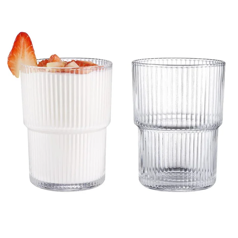 Bicchiere in vetro 300 ml, 2 pezzi, design con righe verticali, tazza da caffè in stile minimalista per bevande fredde / succo (senza FDA, privo di BPA)