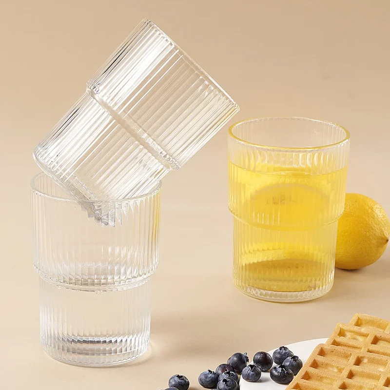 Bicchiere in vetro 300 ml, 2 pezzi, design con righe verticali, tazza da caffè in stile minimalista per bevande fredde / succo (senza FDA, privo di BPA)