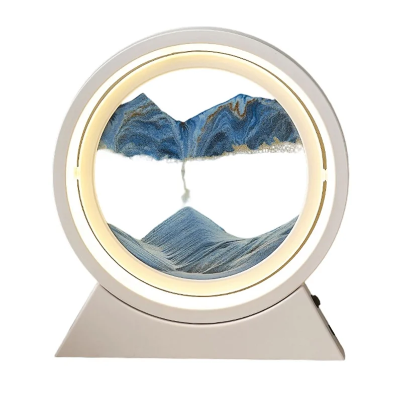 Luz de Mesa de Arte con Arena Móvil de 25 cm, Pintura de Arena Flotante, Reloj de Arena 3D Giratorio, Lámpara de Noche, Alimentación por Batería/USB - Marco Blanco + Arena Azul