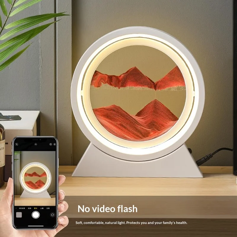 12 Inch Moving Sand Art Table Light Flowing Sand Painting Rotating 3D Hourglass  Bedside Lamp, Battery  /  USB Powered - White Frame+Purple Sand