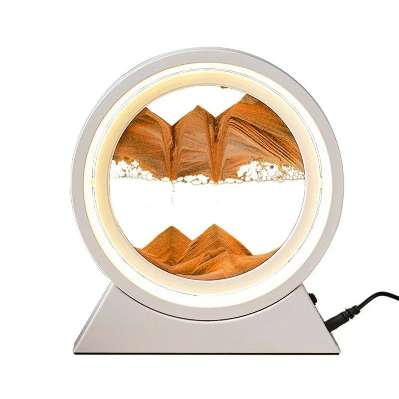 Luz de Mesa de Arte con Arena Móvil Recargable de 25 cm, Reloj de Arena 3D Giratorio, Lámpara de Noche - Marco Blanco + Arena Naranja