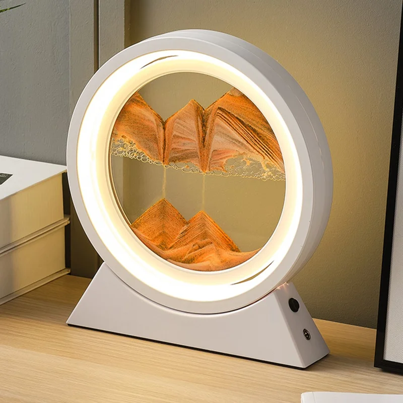 Luz de Mesa de Arte con Arena Móvil Recargable de 25 cm, Reloj de Arena 3D Giratorio, Lámpara de Noche - Marco Blanco + Arena Naranja