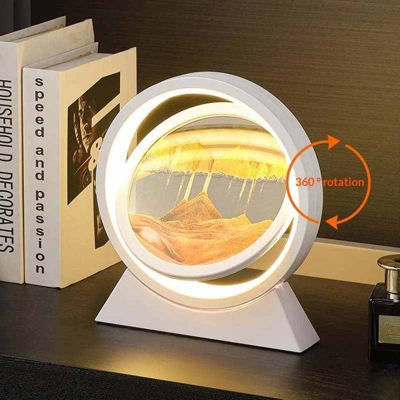 Luz de Mesa de Arte con Arena Móvil Recargable de 25 cm, Reloj de Arena 3D Giratorio, Lámpara de Noche - Marco Blanco + Arena Naranja
