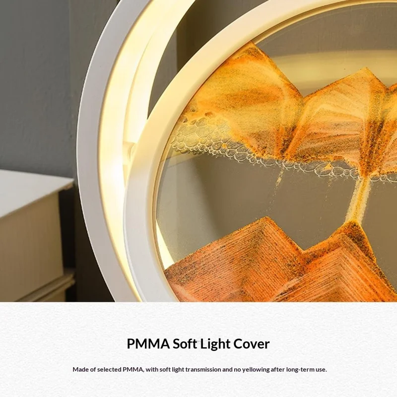 Luz de Mesa de Arte con Arena Móvil Recargable de 25 cm, Reloj de Arena 3D Giratorio, Lámpara de Noche - Marco Blanco + Arena Naranja