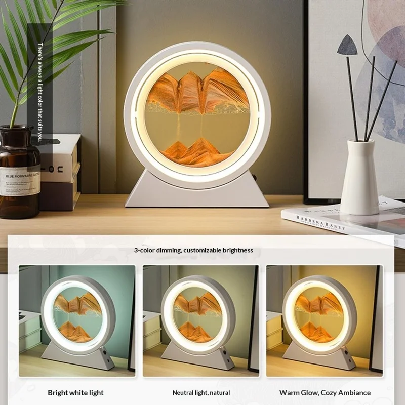 Luz de Mesa de Arte con Arena Móvil Recargable de 25 cm, Reloj de Arena 3D Giratorio, Lámpara de Noche - Marco Blanco + Arena Naranja