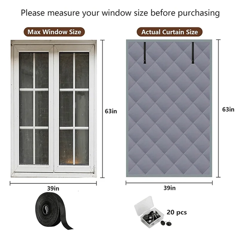 39×63 cala 3-warstwowa ocieplana plaska na zimę z tkaniny oksford, przeciwprzymrozkowa kołdra na okno z taśmą rzepową, zestaw przeciwzimnych kotar