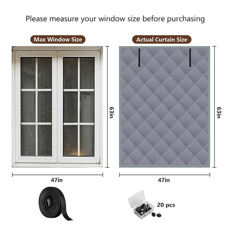 47×63 inch 3 Layer Winter Insulated Window Cover Oxford Cloth Frostproof Window Blanket with Magic Tape Cold-Proof Curtain Set