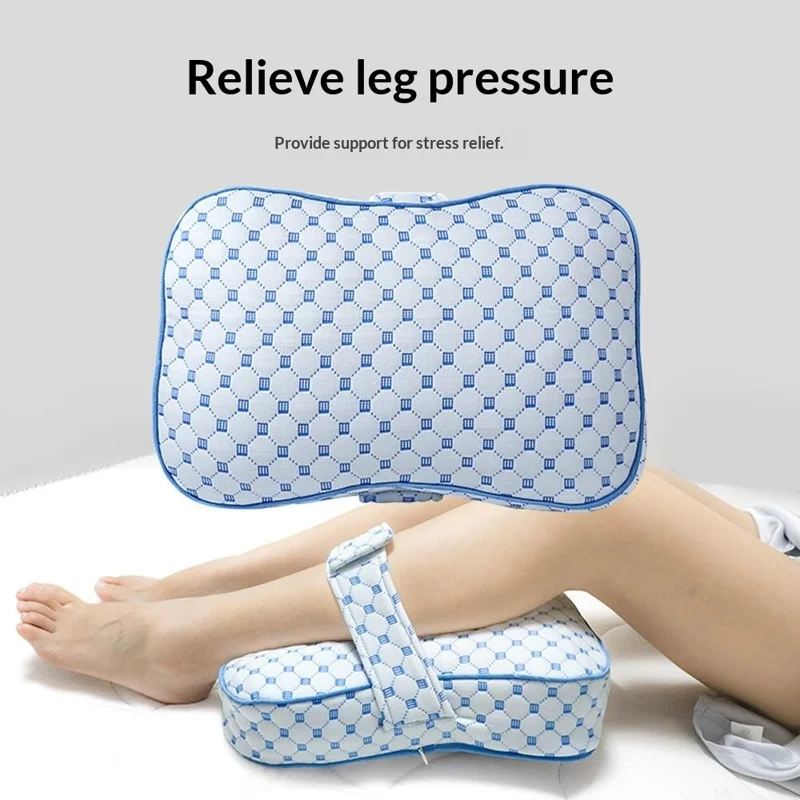 PP Cotton Knee Side Sleep Pillow with Straps Memory Foam Pregnancy Leg Cushion Double Grooves Knee Protection - Ice Blue