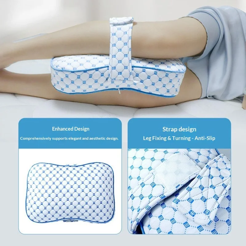 PP Cotton Knee Side Sleep Pillow with Straps Memory Foam Pregnancy Leg Cushion Double Grooves Knee Protection - Ice Blue
