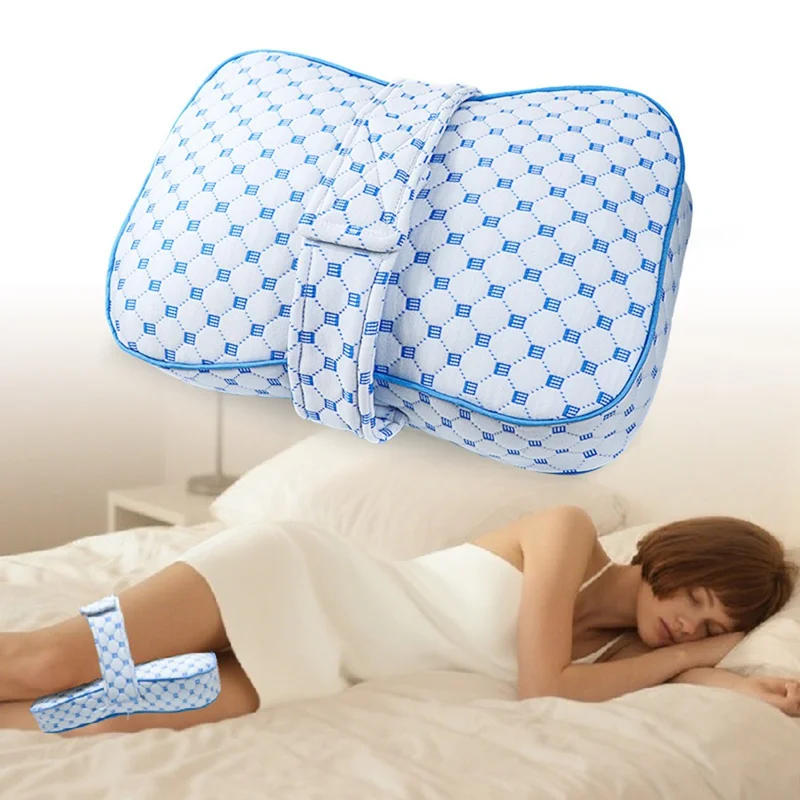 PP Cotton Knee Side Sleep Pillow with Straps Memory Foam Pregnancy Leg Cushion Double Grooves Knee Protection - Ice Blue