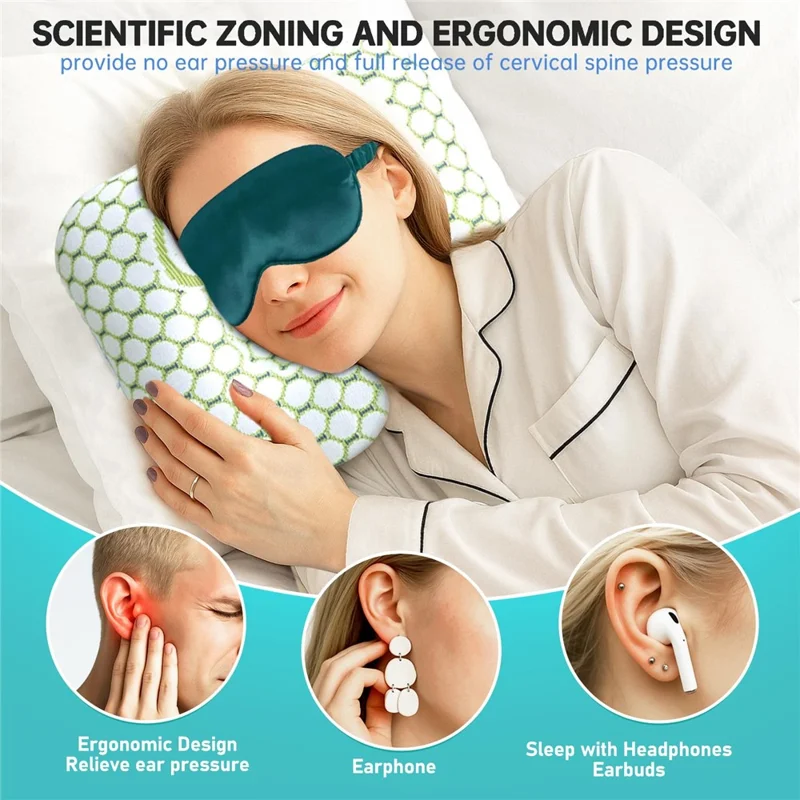 Oreiller carré en coton PP avec trou d'oreille unique, coussin de protection pour le cou pour dormir sur le côté, entièrement lavable - Vert