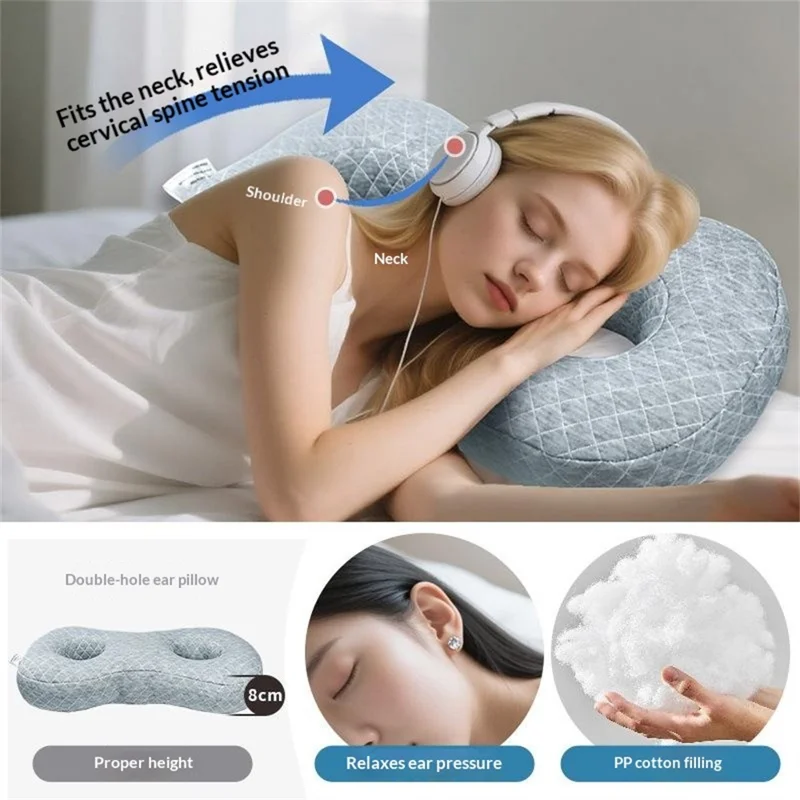 Cuscino a Forma di 8 con Doppio Foro per le Orecchie per il Supporto del Collo dei Dormitori sul Fianco, Protezione della Colonna Cervicale, Cuscino per il Sonno di Bellezza - Grigio a Quadri