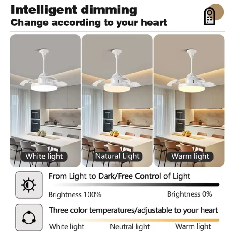 E27 Small Extended Head Fan Light Remote Control 3 Speeds Adjustable Invisible Ceiling Fan Light