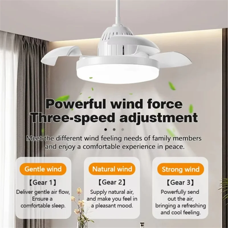 E27 Small Extended Head Fan Light Remote Control 3 Speeds Adjustable Invisible Ceiling Fan Light