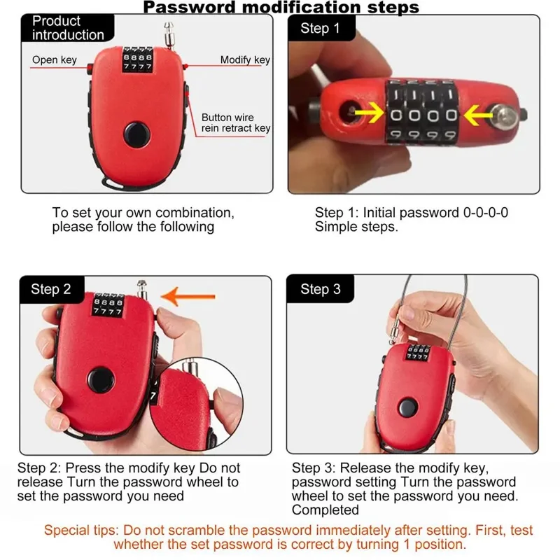 605 Steel Cable Lock 130cm Retractable 4-Digit Combination Lock Portable for Stroller Variable Speed Bike - Black