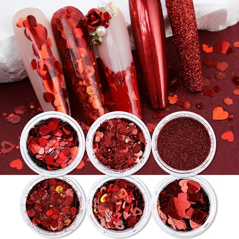 6Pcs Red Romantic Heart Shaped Sequins Glitter Powder Set Valentine's Day Manicure Decoration