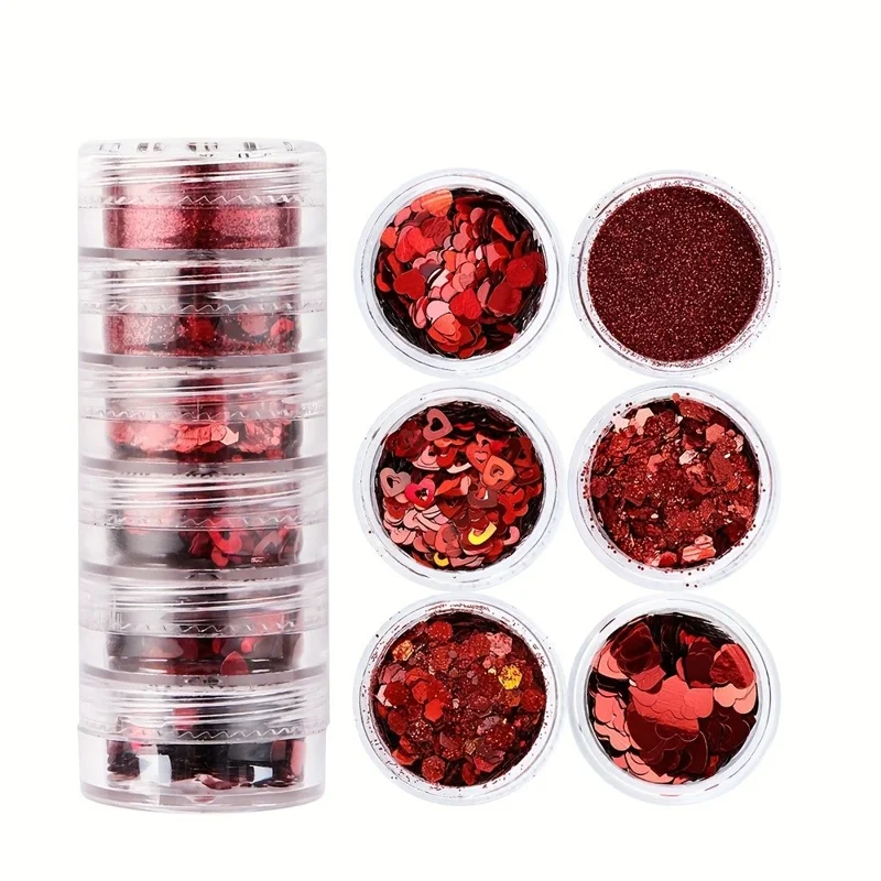 6Pcs Red Romantic Heart Shaped Sequins Glitter Powder Set Valentine's Day Manicure Decoration