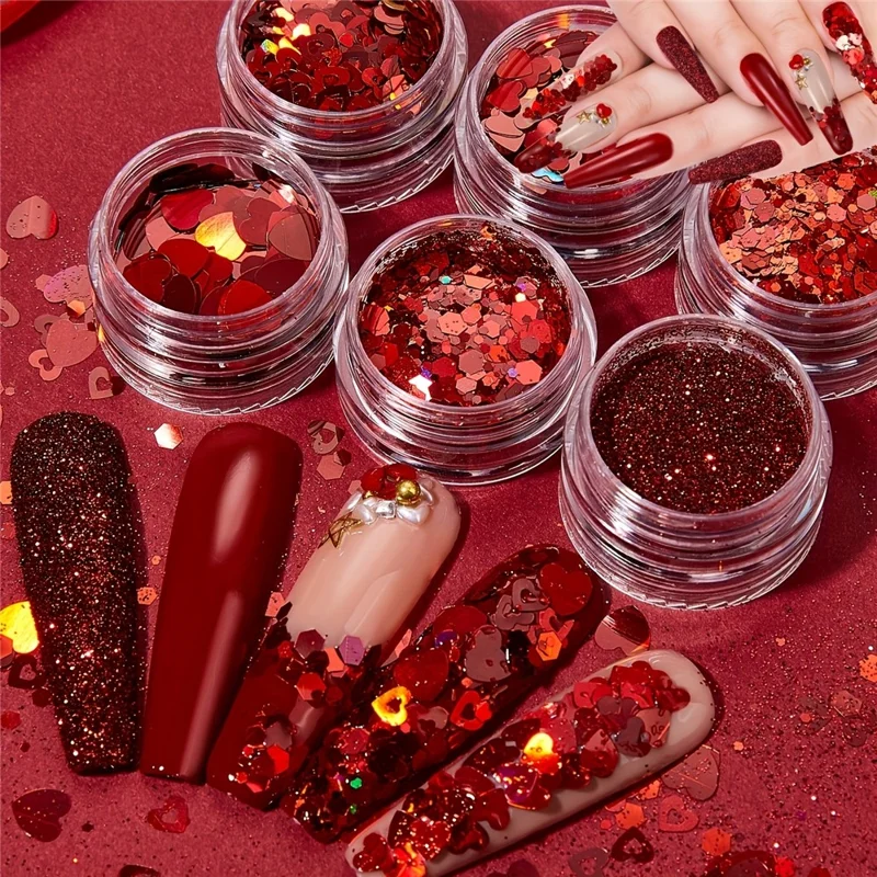 6Pcs Red Romantic Heart Shaped Sequins Glitter Powder Set Valentine's Day Manicure Decoration
