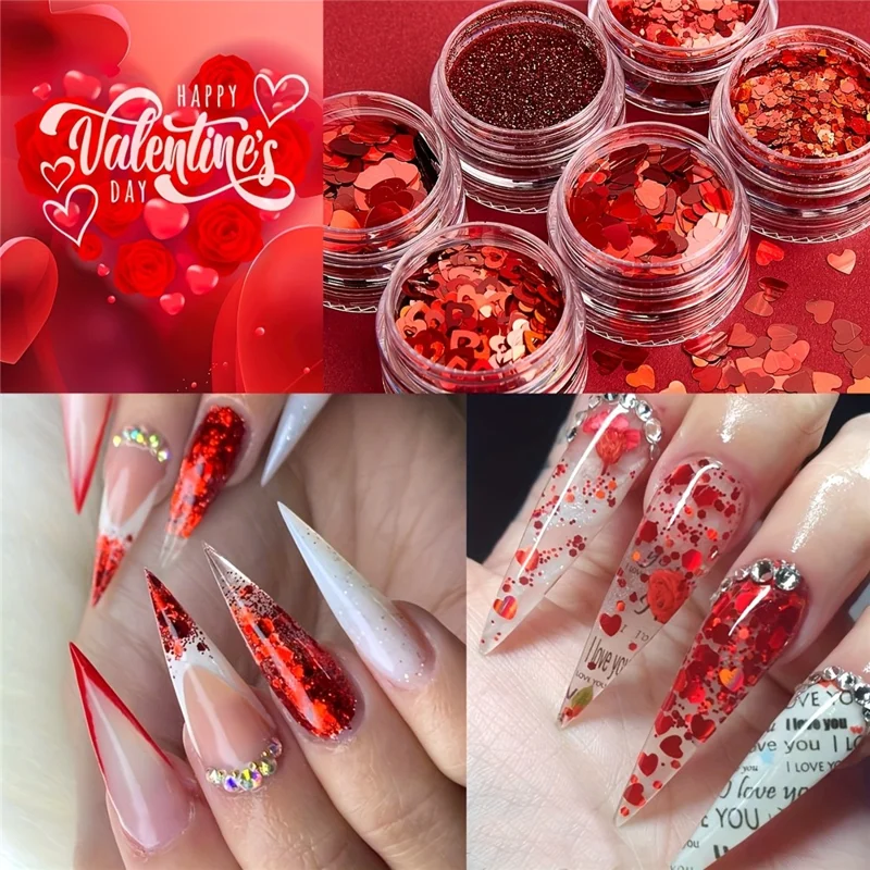 6Pcs Red Romantic Heart Shaped Sequins Glitter Powder Set Valentine's Day Manicure Decoration