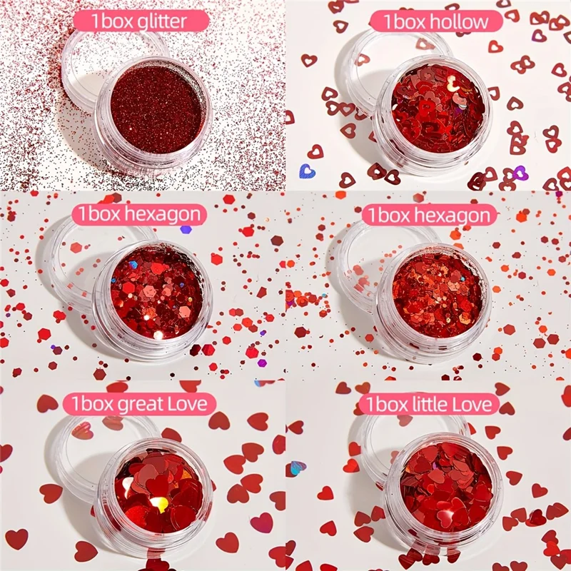 6Pcs Red Romantic Heart Shaped Sequins Glitter Powder Set Valentine's Day Manicure Decoration
