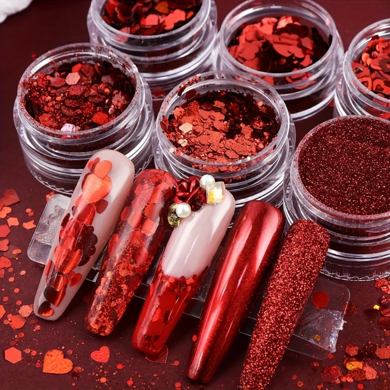 6Pcs Red Romantic Heart Shaped Sequins Glitter Powder Set Valentine's Day Manicure Decoration