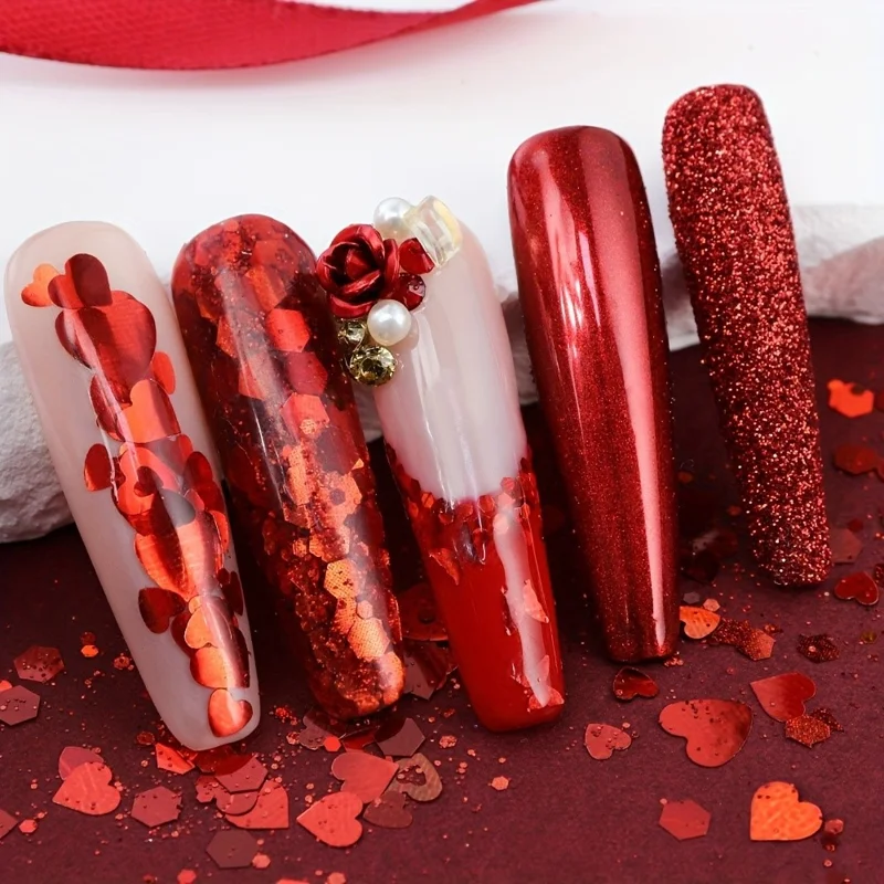 6Pcs Red Romantic Heart Shaped Sequins Glitter Powder Set Valentine's Day Manicure Decoration