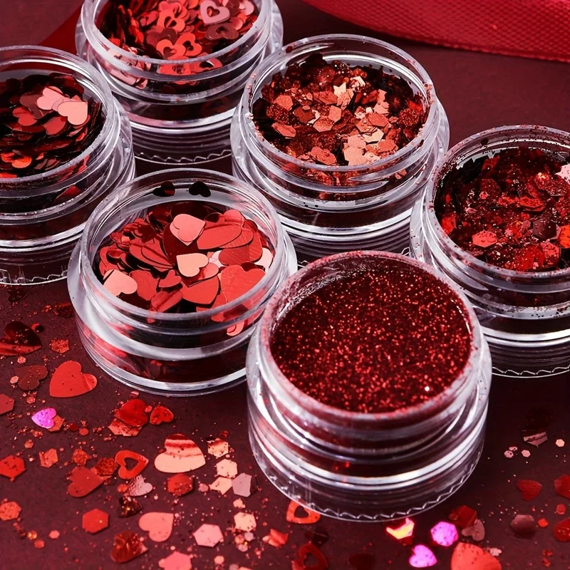 6Pcs Red Romantic Heart Shaped Sequins Glitter Powder Set Valentine's Day Manicure Decoration