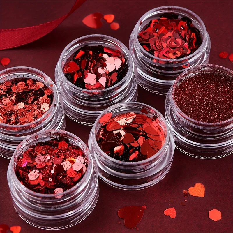6Pcs Red Romantic Heart Shaped Sequins Glitter Powder Set Valentine's Day Manicure Decoration