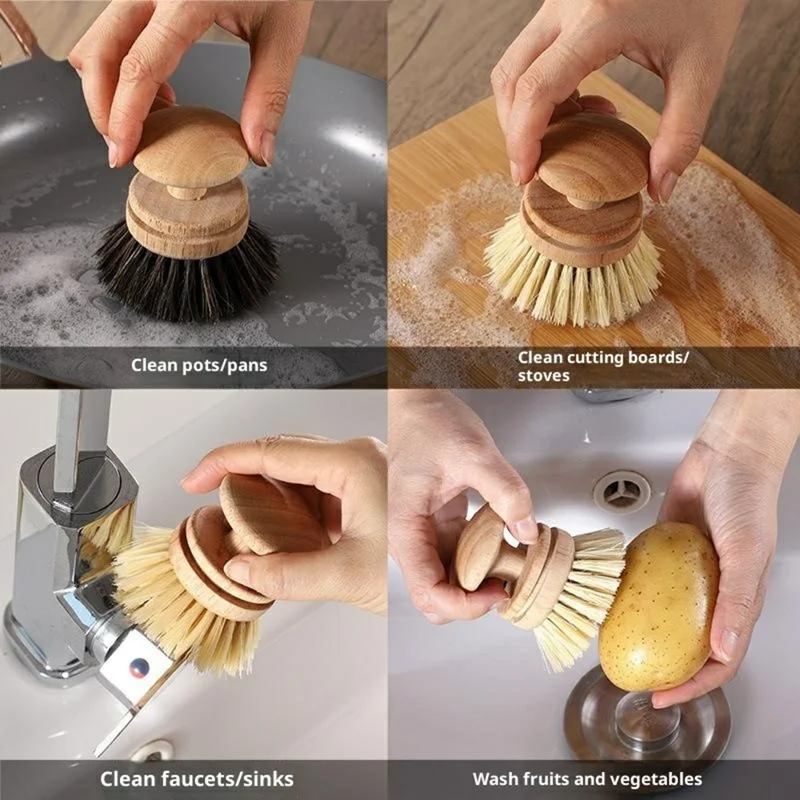 Escova de Cozinha de Sisal Natural com Cabo de Madeira Maciça, Escova de Limpeza Multifuncional e Não Abrasiva para Panelas - Tamanho Grande / Sisal