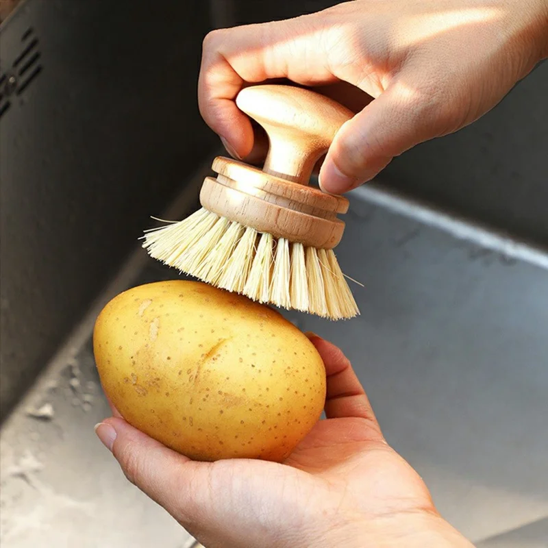 Escova de Cozinha de Sisal Natural com Cabo de Madeira Maciça, Escova de Limpeza Multifuncional e Não Abrasiva para Panelas - Tamanho Grande / Sisal