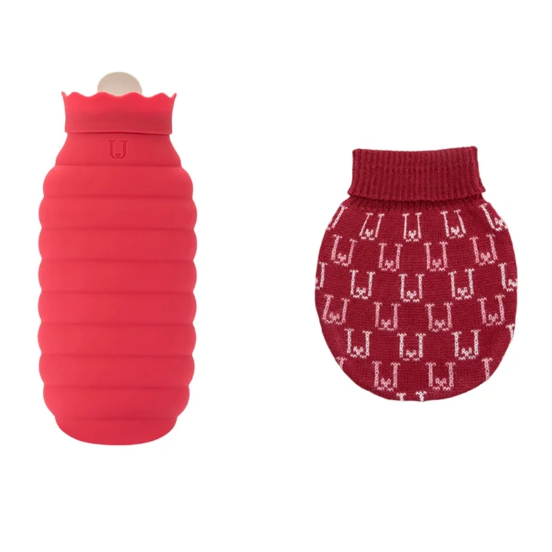 JORDAN&JUDY Size L 620ml Leak Proof Silicone Hot Water Bottle Anti Scalding Hand Warmer with Knitted Cover - Red
