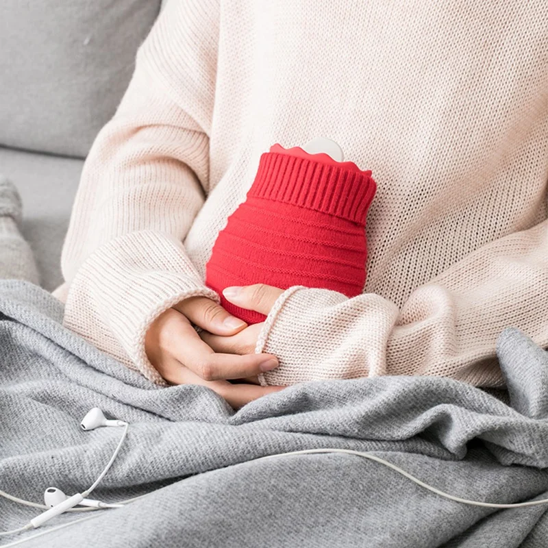 JORDAN&JUDY Size L 620ml Leak Proof Silicone Hot Water Bottle Anti Scalding Hand Warmer with Knitted Cover - Red