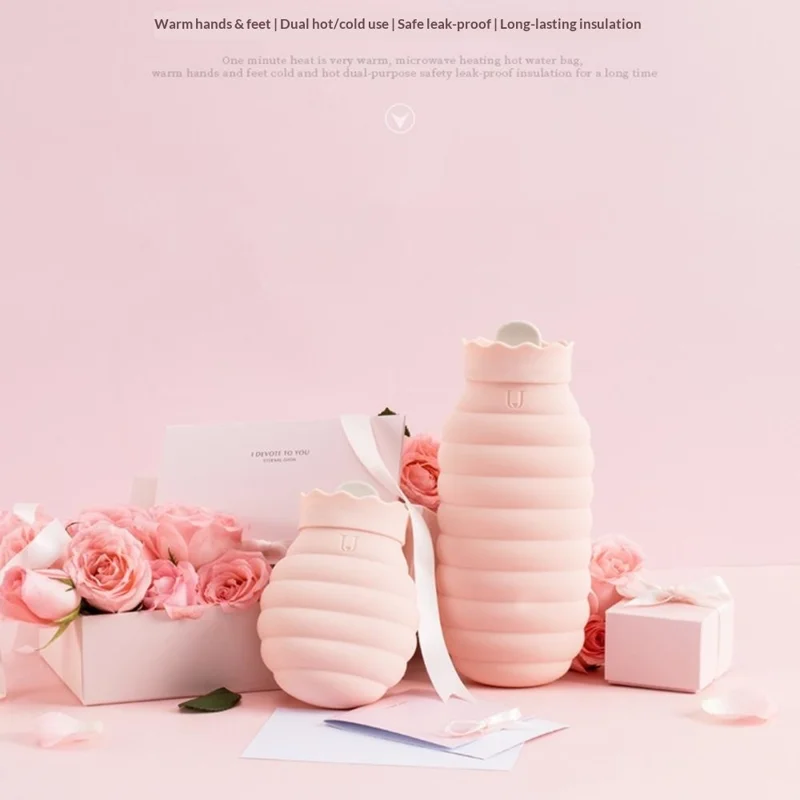 JORDAN&JUDY Size L 620ml Leak Proof Silicone Hot Water Bottle Anti Scalding Hand Warmer with Knitted Cover - Red