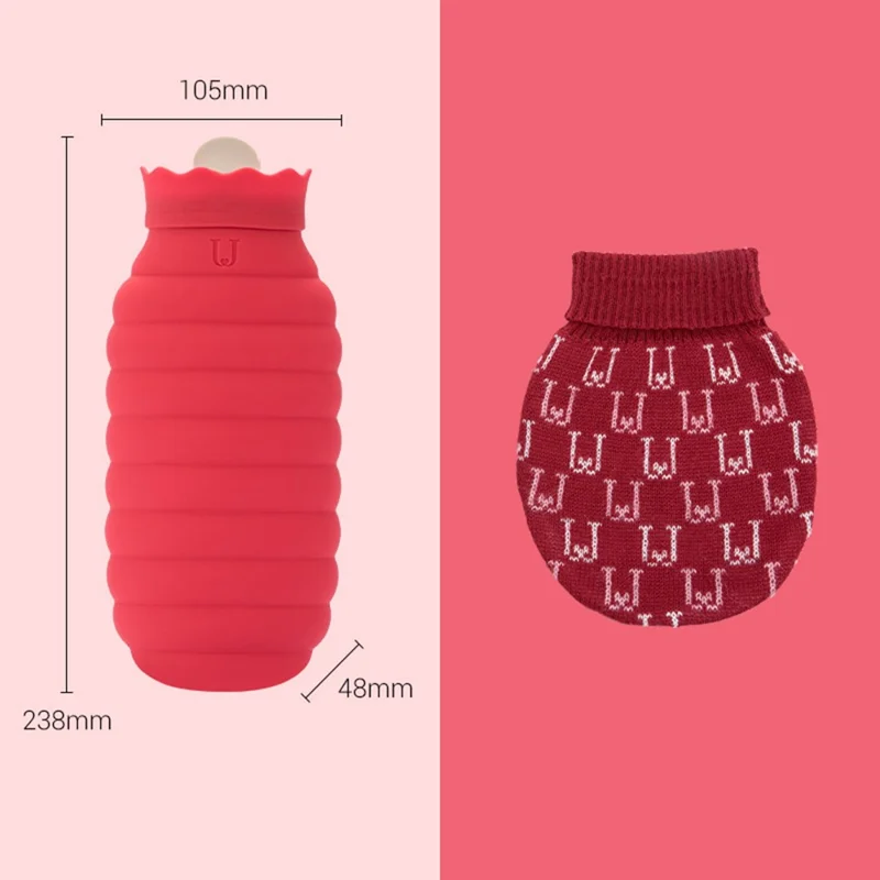 JORDAN&JUDY Size L 620ml Leak Proof Silicone Hot Water Bottle Anti Scalding Hand Warmer with Knitted Cover - Red