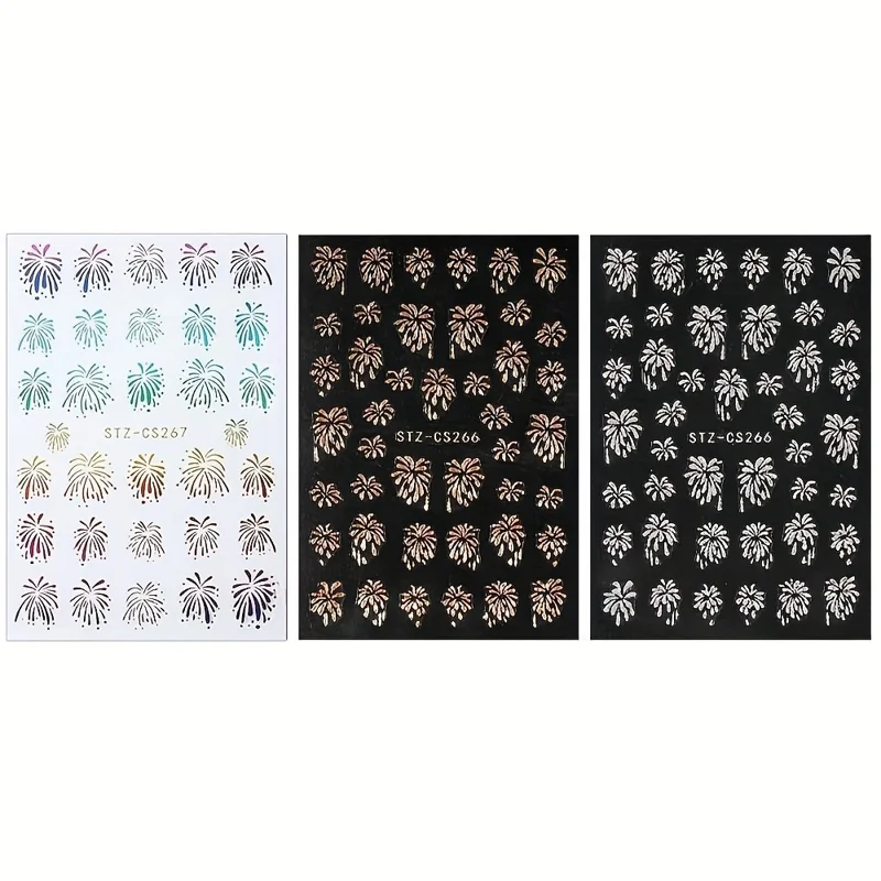 FULL BEAUTY 3 Sheets New Year Fireworks Pattern Glitter Decals Nail Art Stickers Manicure Decorations