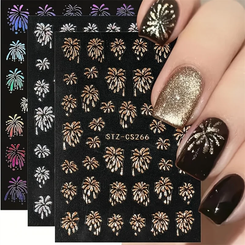 FULL BEAUTY 3 Sheets New Year Fireworks Pattern Glitter Decals Nail Art Stickers Manicure Decorations