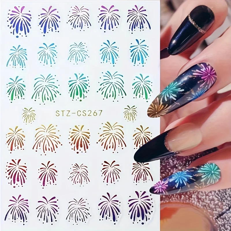FULL BEAUTY 3 Sheets New Year Fireworks Pattern Glitter Decals Nail Art Stickers Manicure Decorations