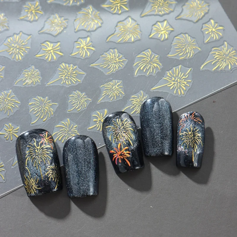FULL BEAUTY Nail Art Stickers New Year Fireworks Pattern PVC Adhesive Manicure Decals - STZ-XA05 Gold