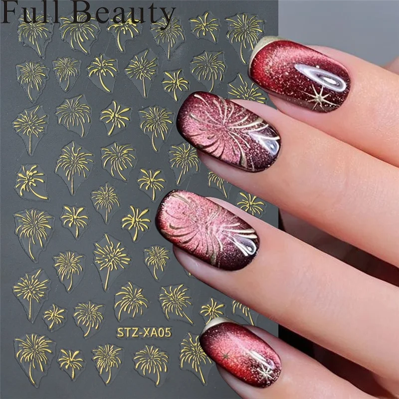 FULL BEAUTY Nail Art Stickers New Year Fireworks Pattern PVC Adhesive Manicure Decals - STZ-XA05 Gold