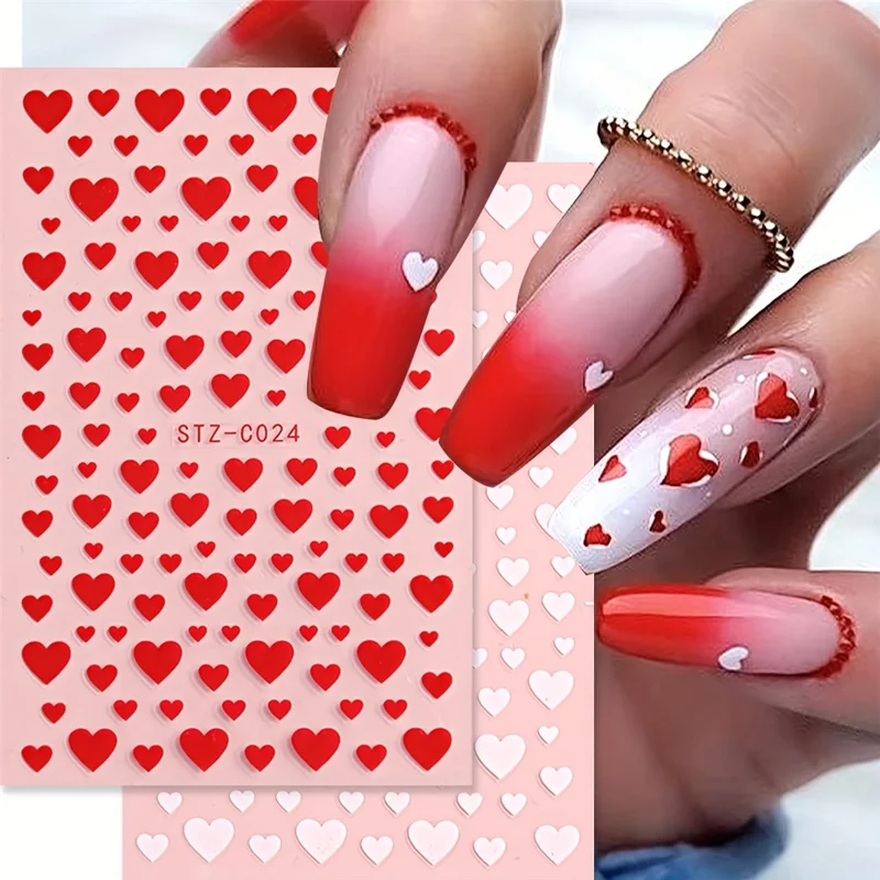 STZ-C024 2 stk./sæt Kærlighed Hjertemønster Negledecal Valentine's Day Neglesticker Manicure Kunst Dekoration - Rød+Hvid